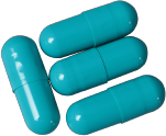 Four turquoise capsules, lying in a slightly scattered arrangement.