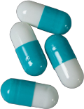 four medication capsules, each with a turquoise half and a solid white half