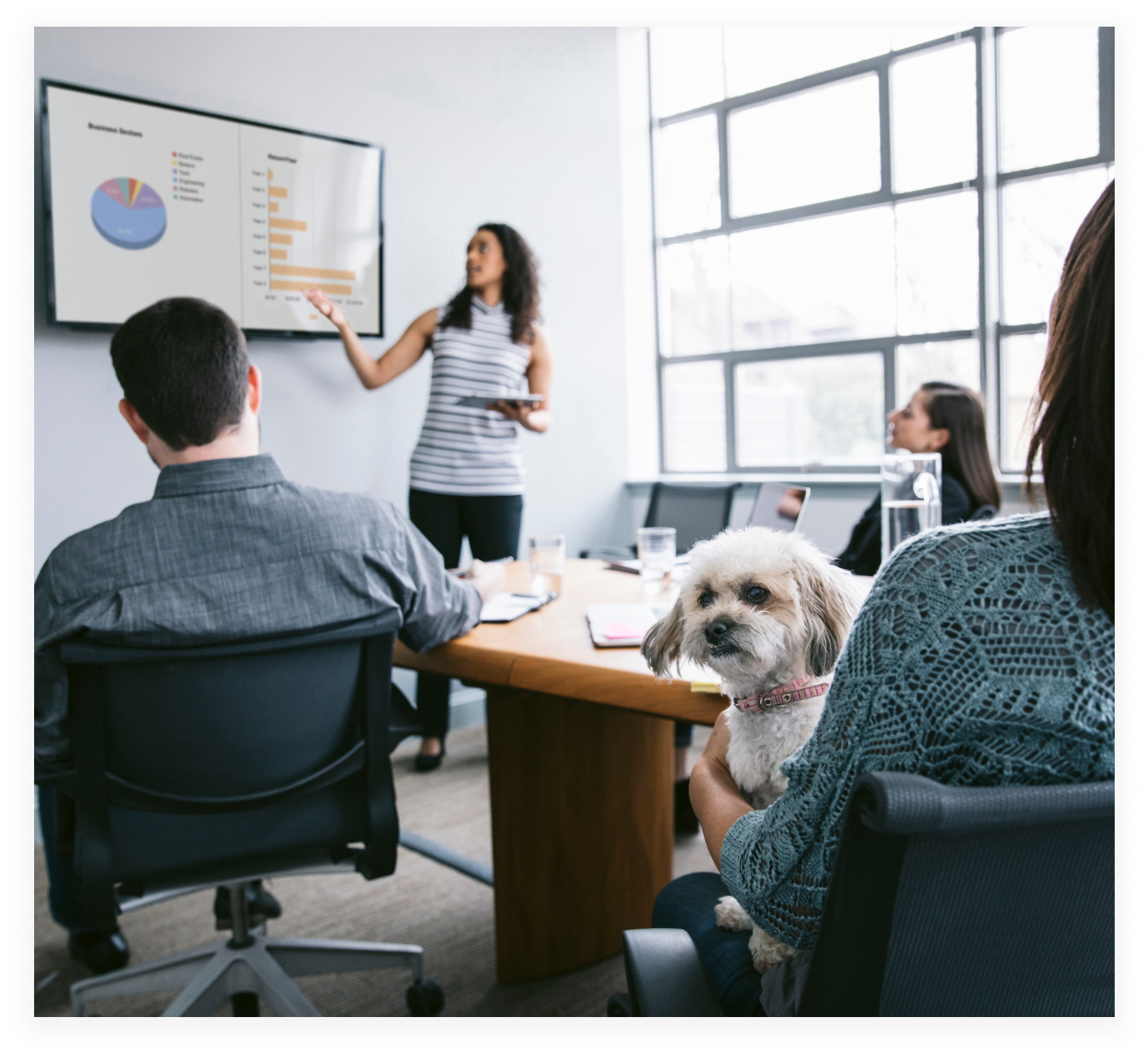 Woman presenting to a group at a table; one person is holding a small white dog on her lap