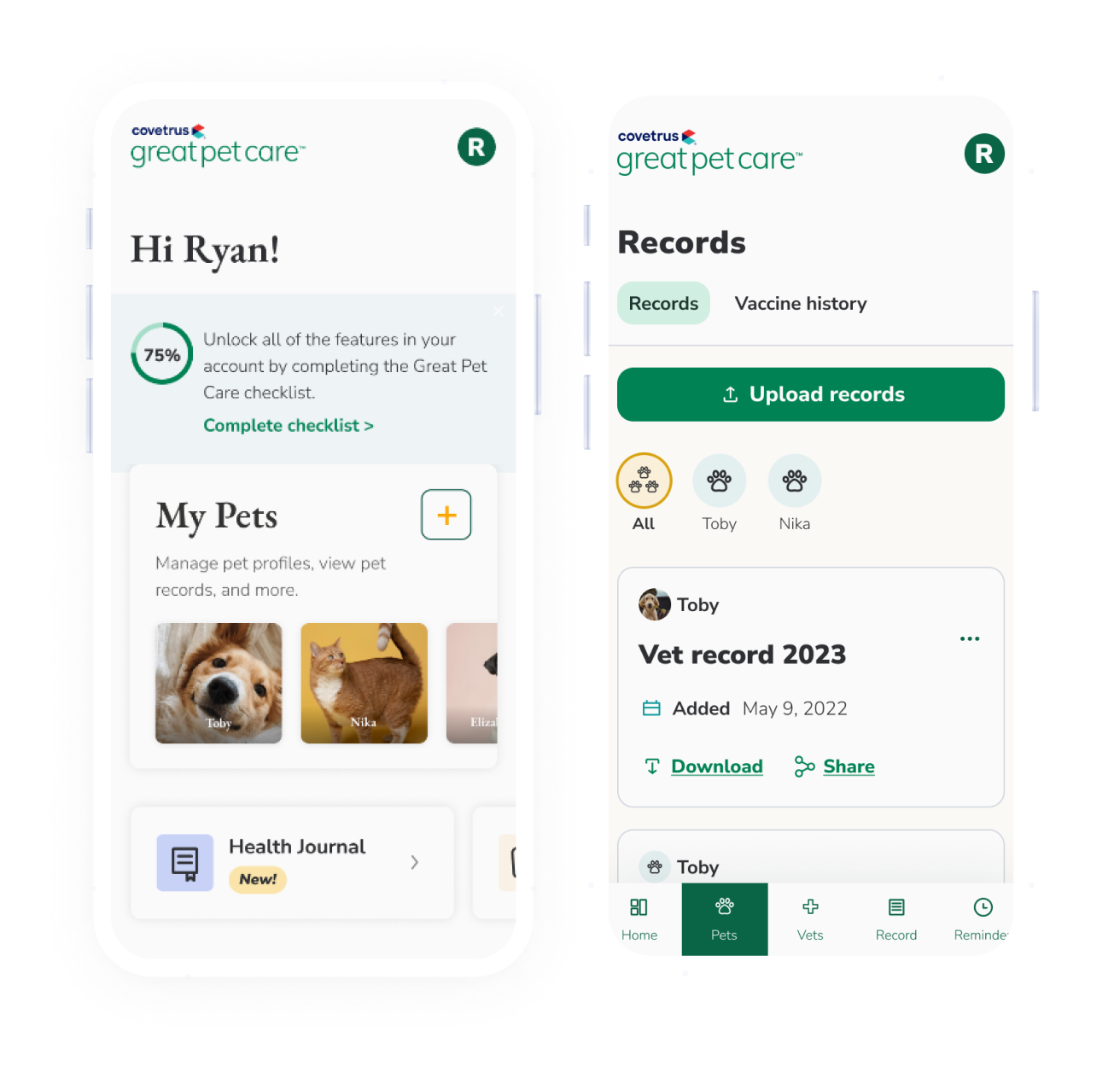 Two examples of GreatPetCare screens seen on a mobile device