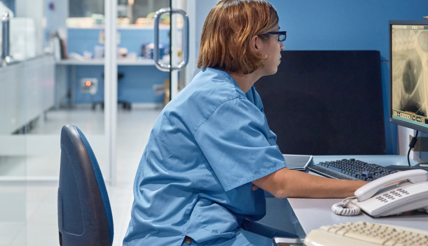 Vet using her clinic desktop computer