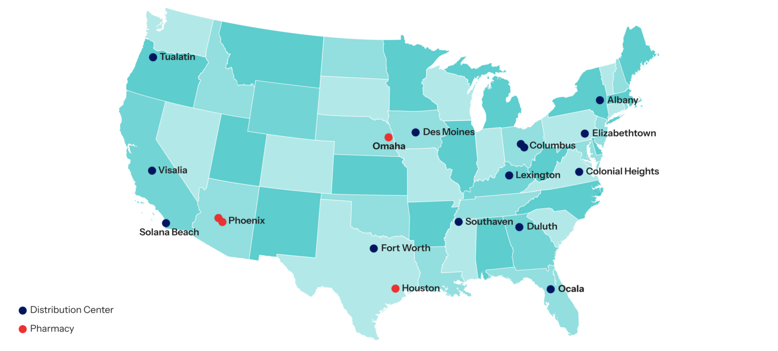 USA map showing 14 Covetrus distribution centers and 4 pharmacies across the nation