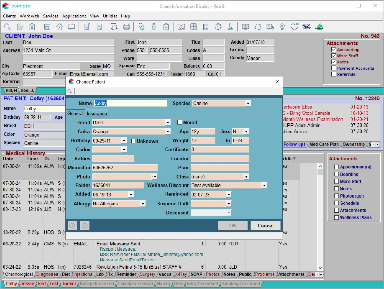 Avimark Client Information Display, Change Patient screen