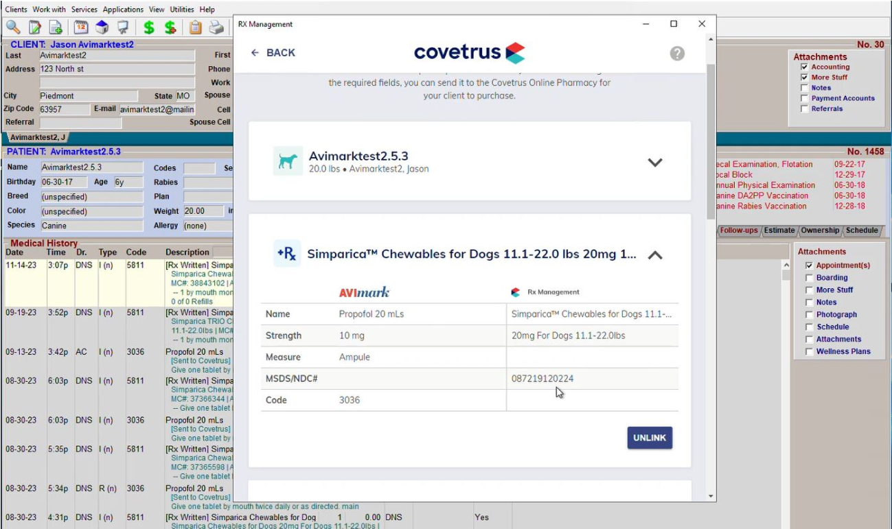 Avimark Prescription Management screen