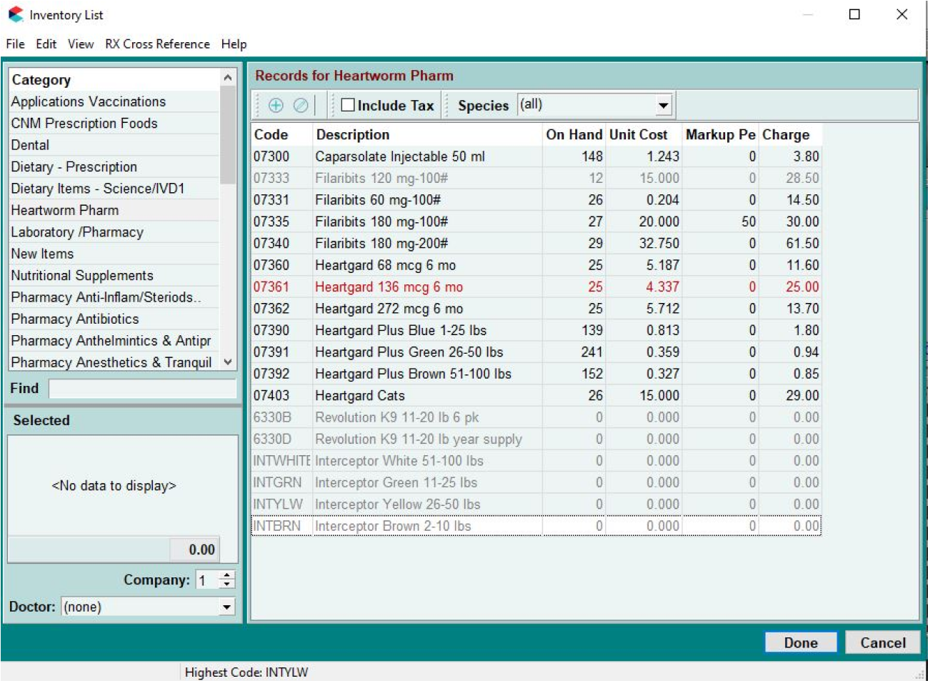 Avimark Inventory List screen