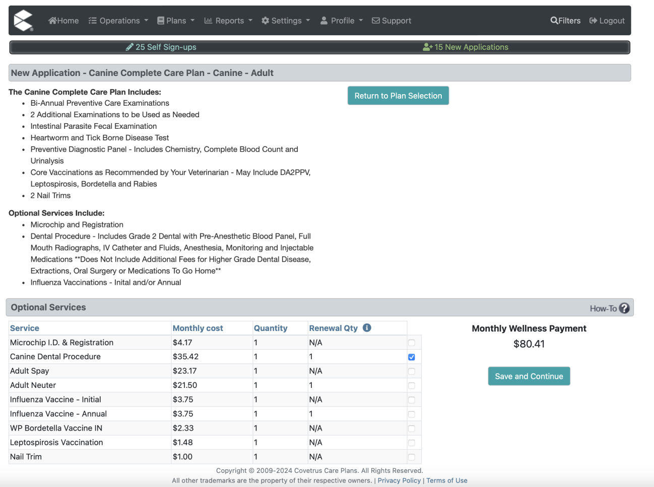 CarePlans enrollment screen showing a care plan optimized for an adult dog.