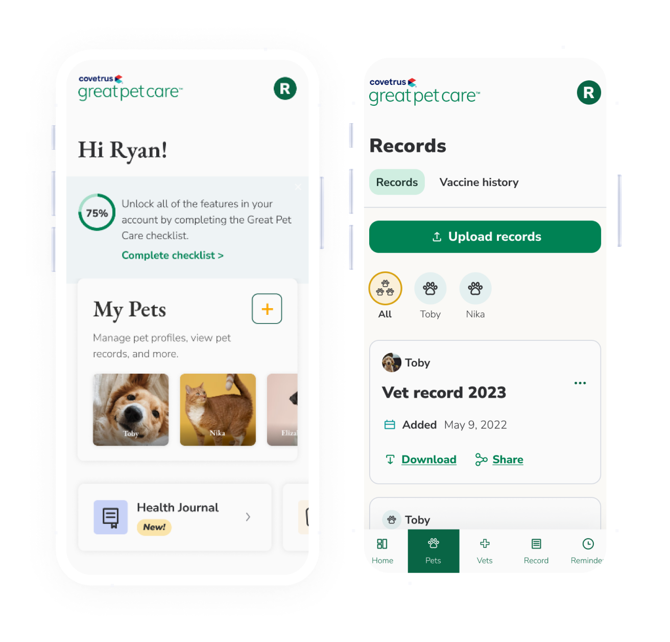 Two GreatPetCare screens on a pet parent’s smartphone: opening screen and pet records screen