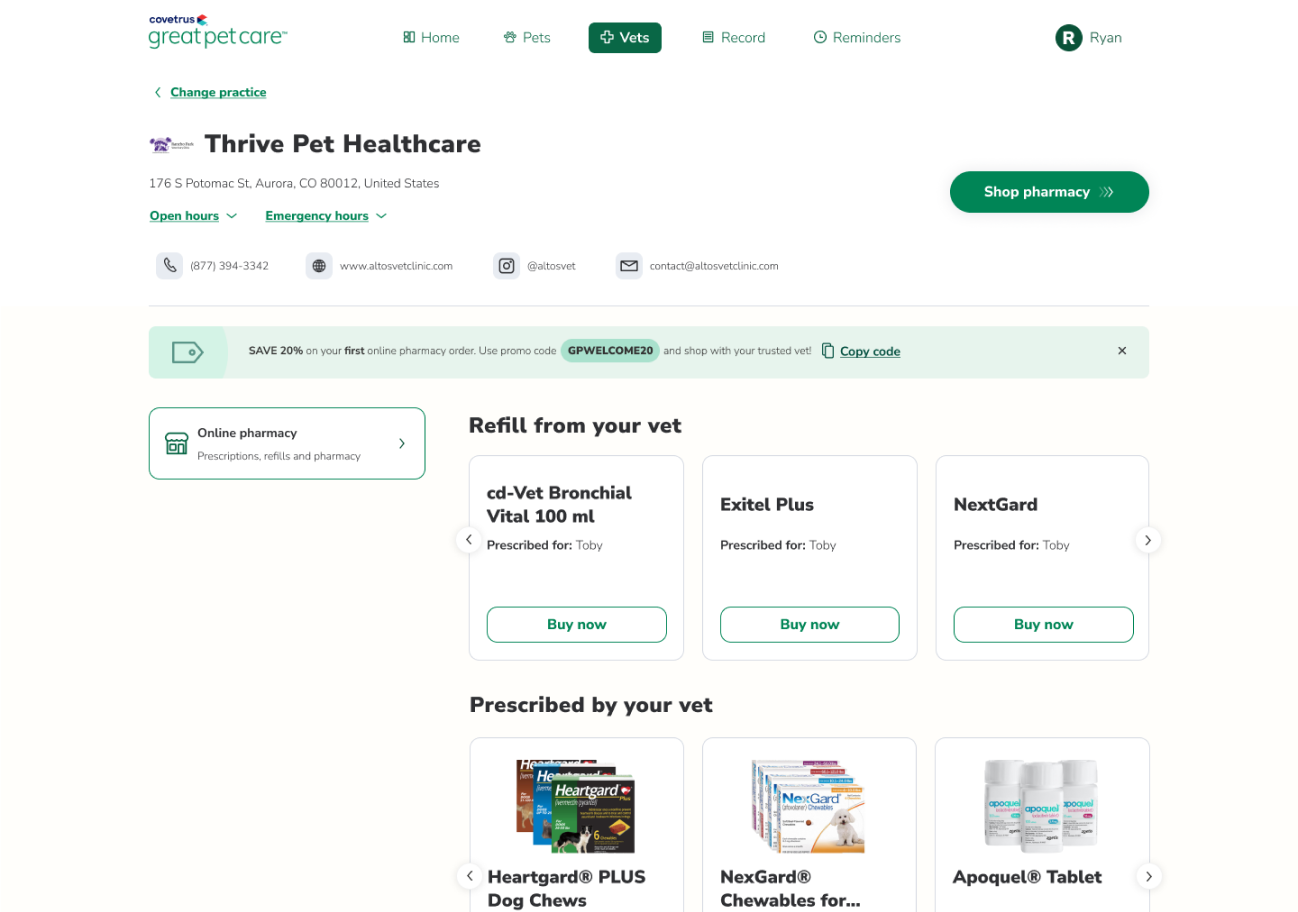 GreatPetCare screen with options for pet parents to purchase treatment recommendations online