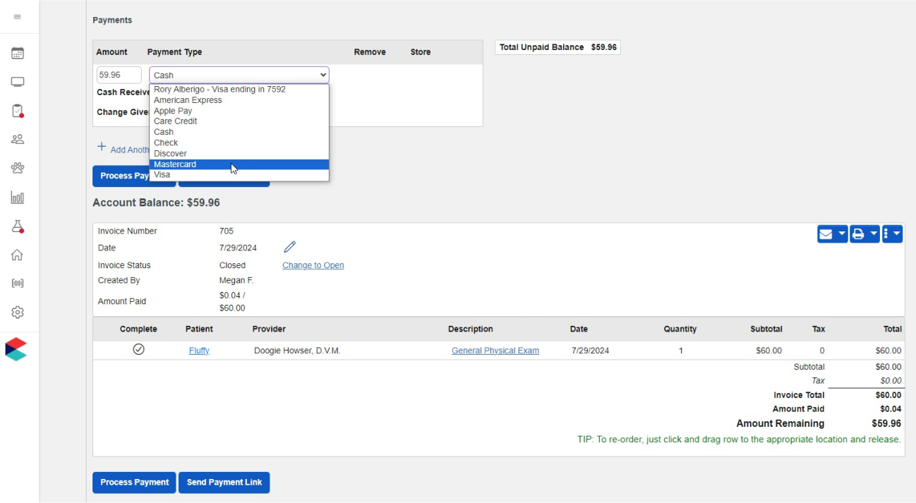 Payments screen showing options for payment methods.