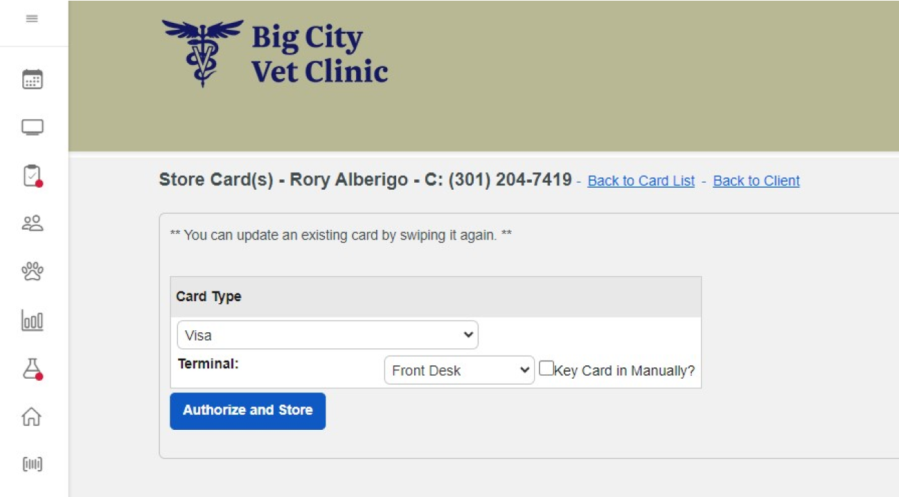 Example check-out screen, customized for a specific vet clinic