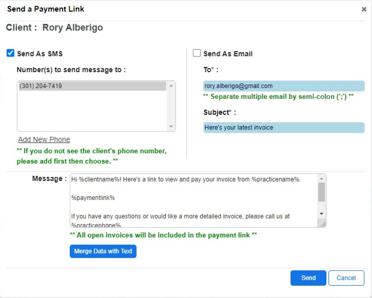 Send a Payment screen with SMS option