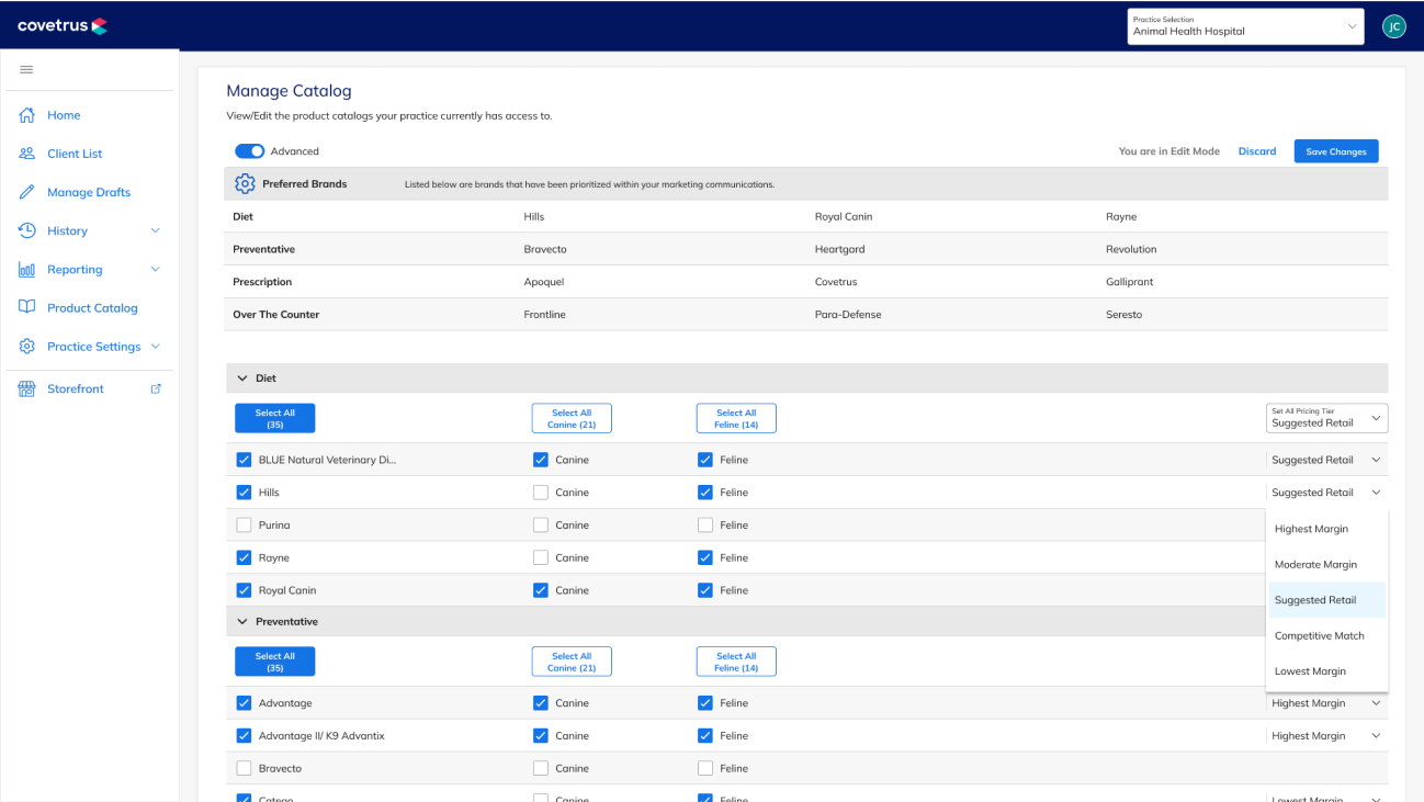 Covetrus user interface for managing the online store catalog