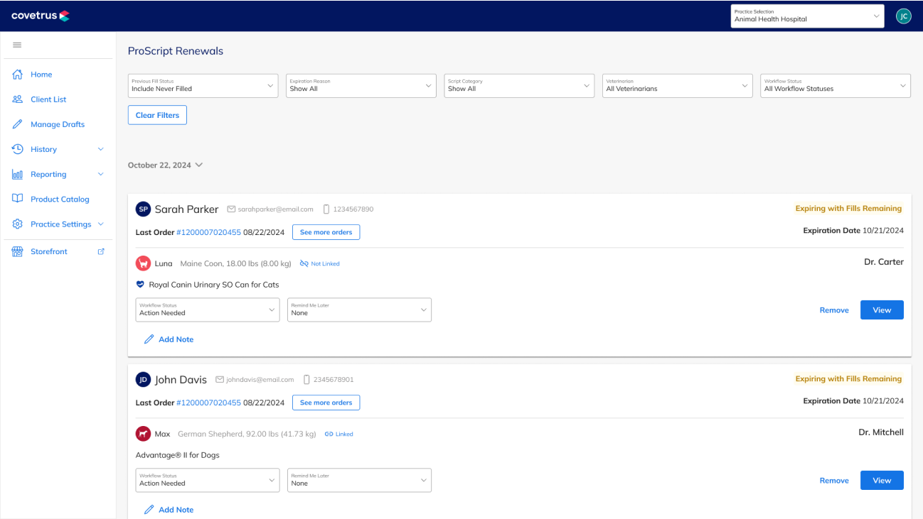 Covetrus user interface showing pharmacy storefront for ordering products and supplies