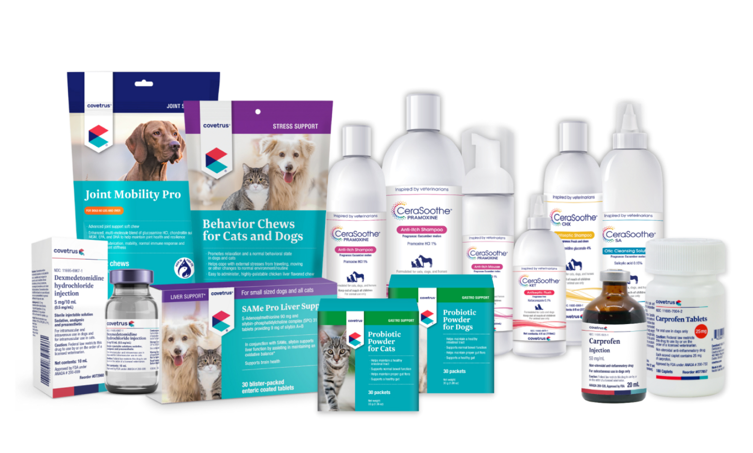 An assortment of Covetrus-brand products for pets