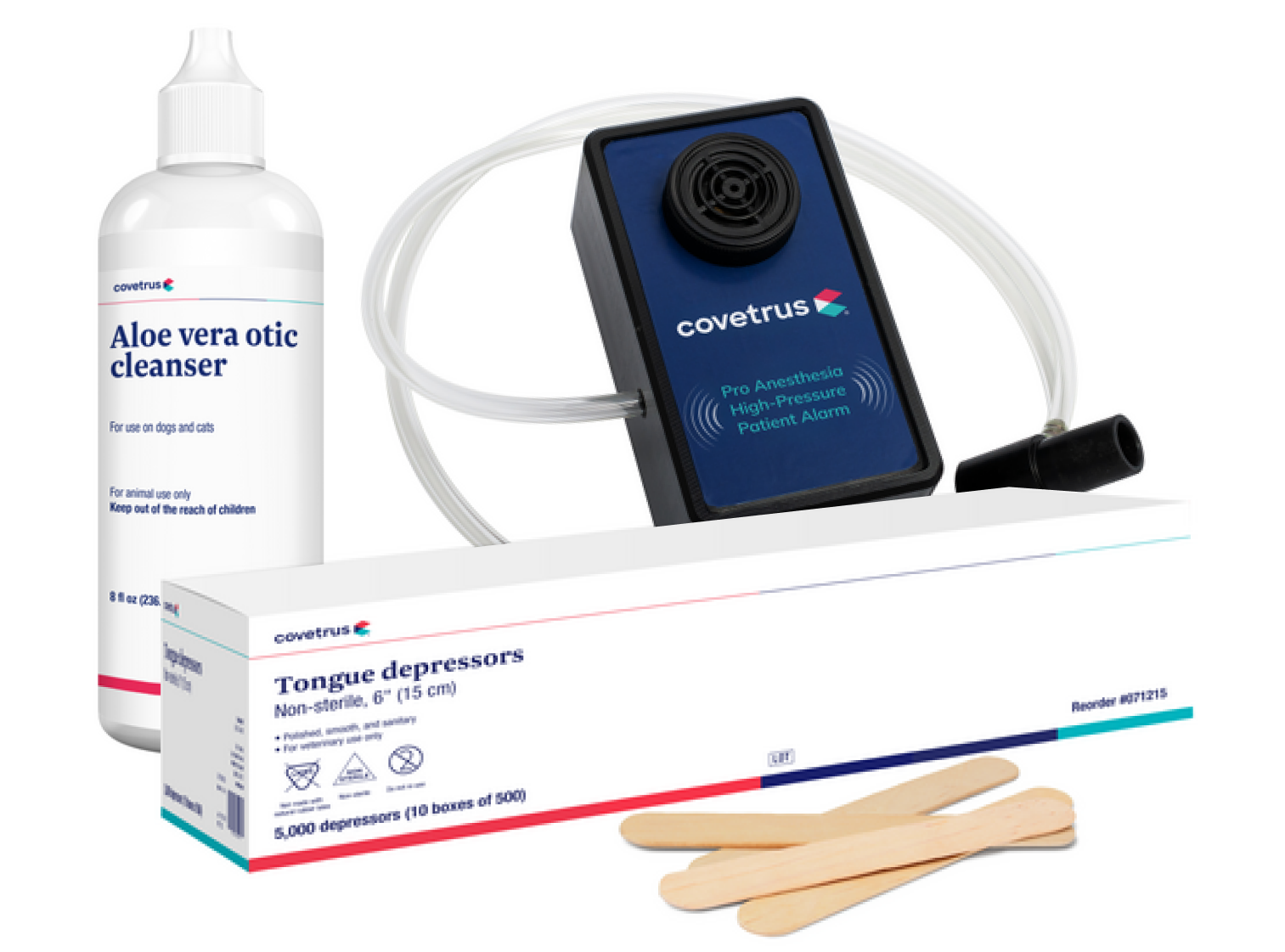 Covetrus-brand products including a box of tongue depressors and other items