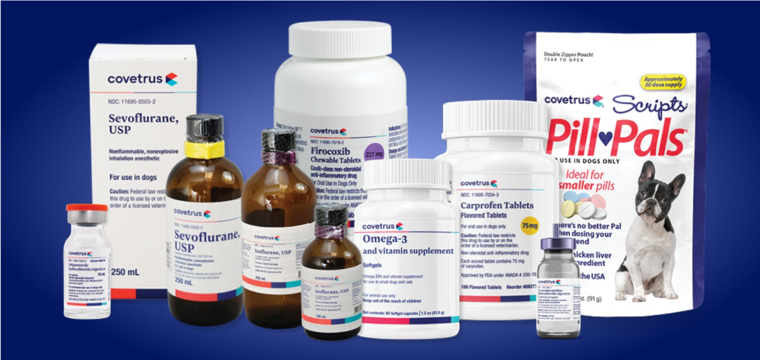 An assortment of Covetrus-brand medications and supplements