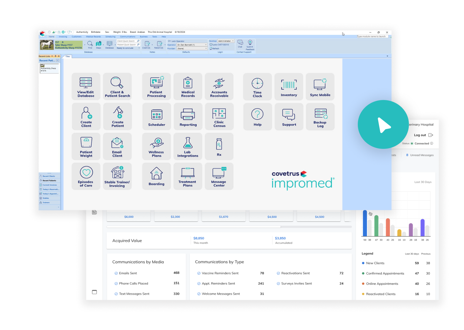 A software program user interface screenshot, displaying a tile grid of icons and the Covetrus Impromed logo in the corner.