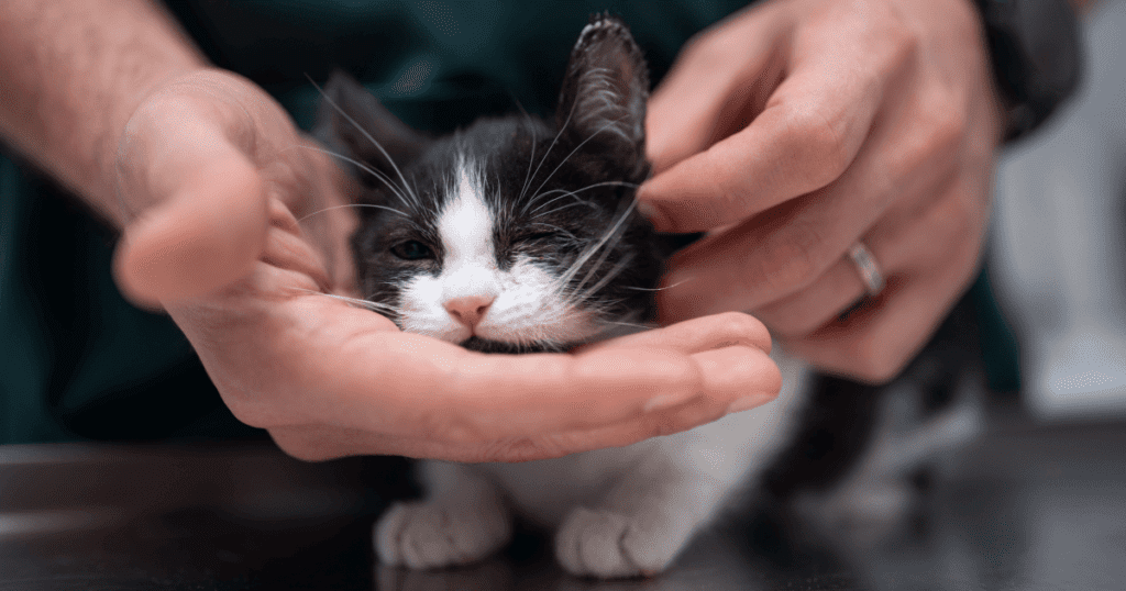 A vet tech gently cradling a kitten’s head as they examine its ears.