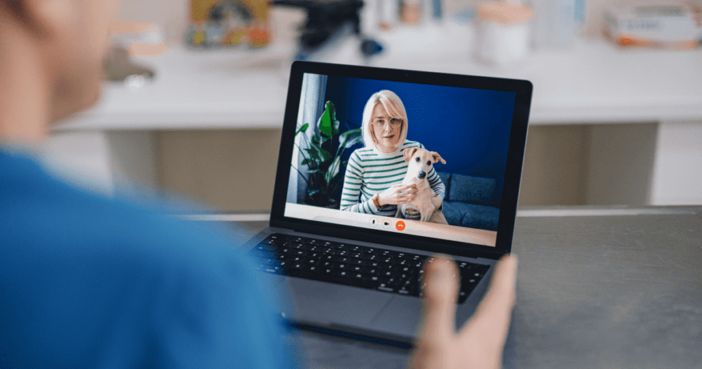 Looking over a veterinarian’s shoulder as they conduct a telemedicine session with a pet parent and their dog