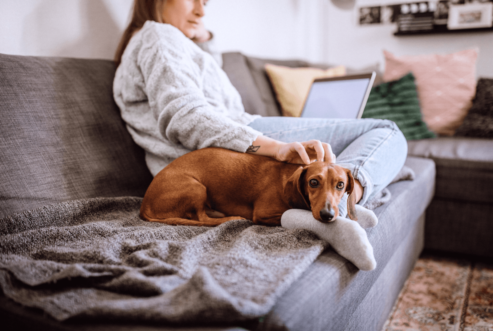 A woman relaxing on her couch, laptop in the background, petting her dachshund resting on her feet.