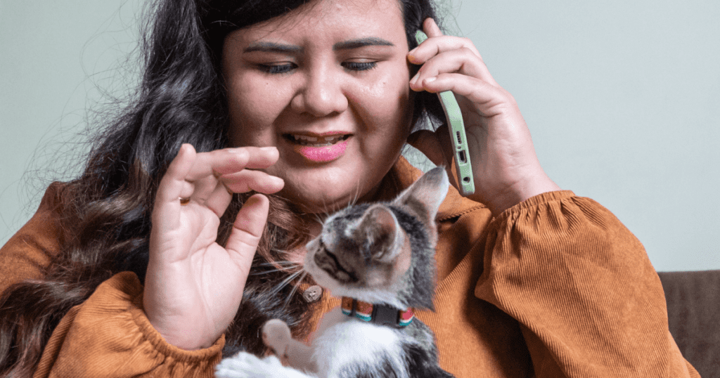 Young pet owner on the phone playing with a kitten