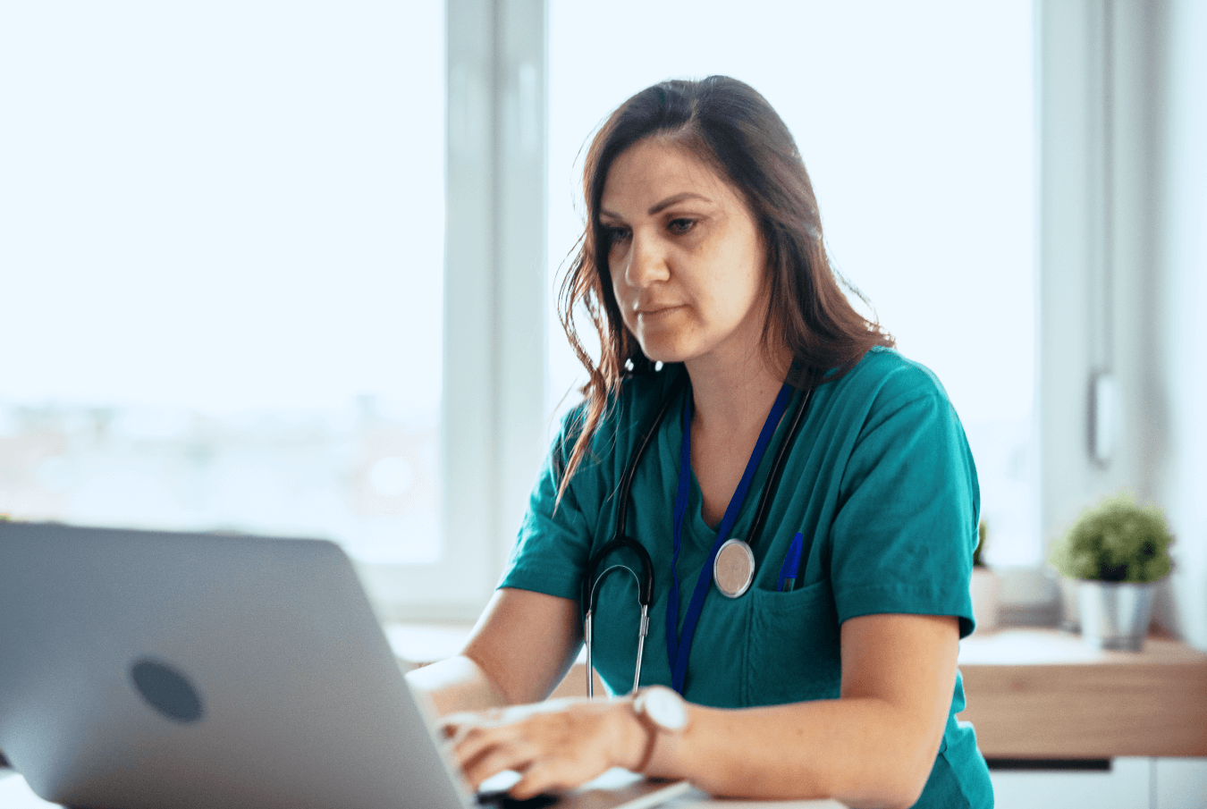 Vet entering data on her office laptop in a modern office setting