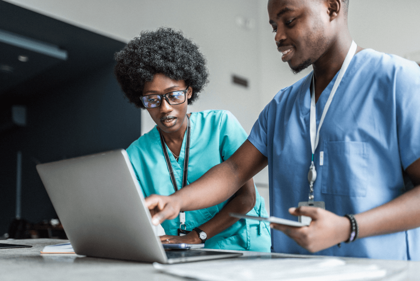 Two consulting vets pointing at an open laptop screen