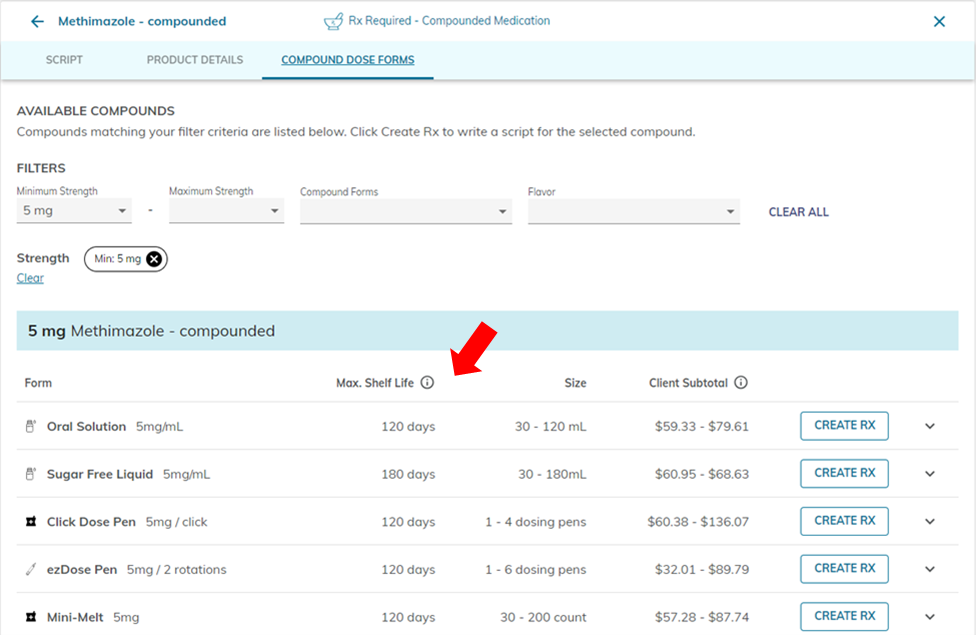 a screenshot of a software user interface with a red arrow pointing to a column labeled Max Shelf Life