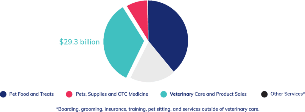 A pie chart showing that pet owners spent $29.3 billion in 2019 on veterinary care and product sales.